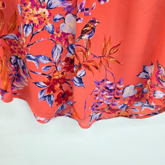 Womens M Coral Floral Ruffle Sleeve Blouse V-Neck Lightweight Boho‎ Top - Picture 6 of 13